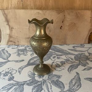 Vintage Brass Vase with Floral Motif and Scalloped Edge Boho Mid Century